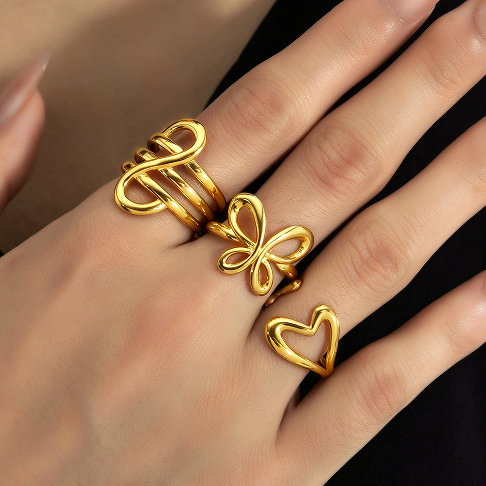 3pc Aesthetic Hollow Geometric Heart Butterfly Open Rings Set